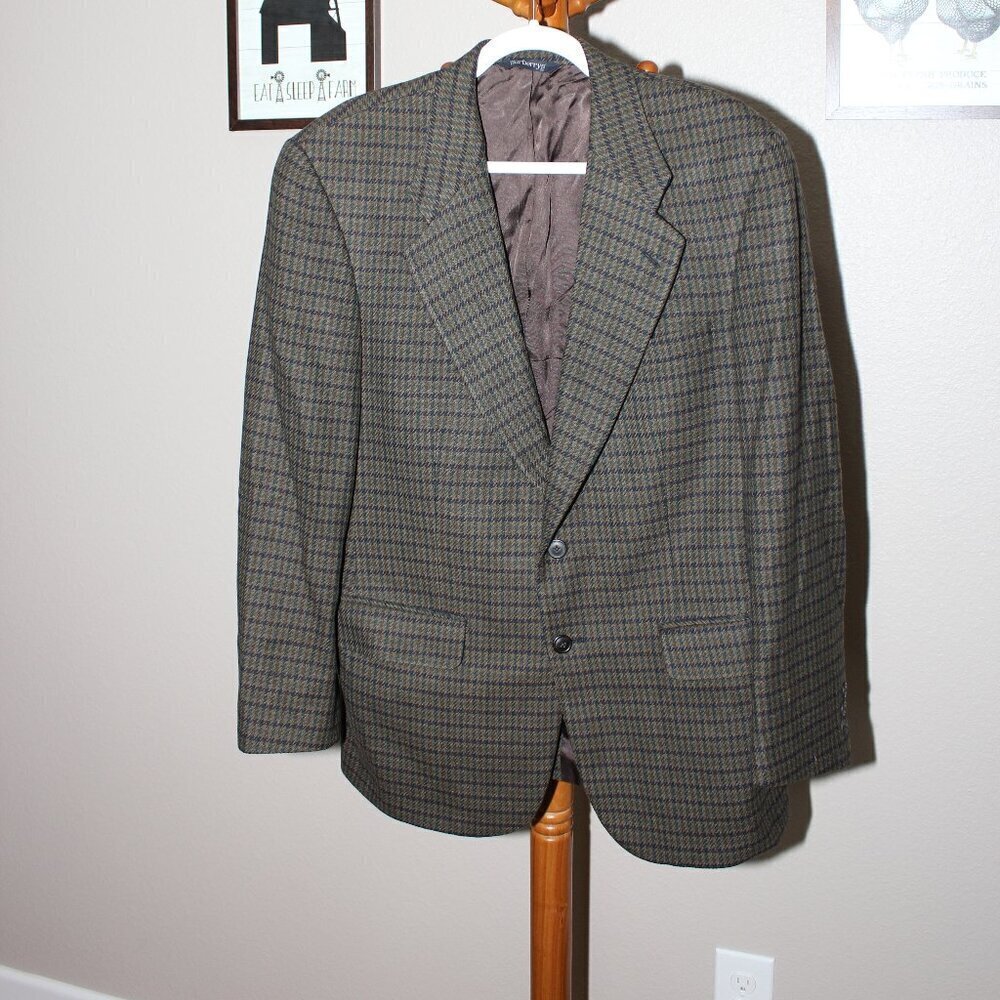 Burberrys Mens Vintage Sport Coat Wool Green Navy Houndstooth see measurements